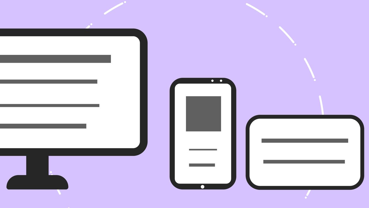 our-story Vector icons with modern phone near computer monitor and credit card with gray lines on purple background